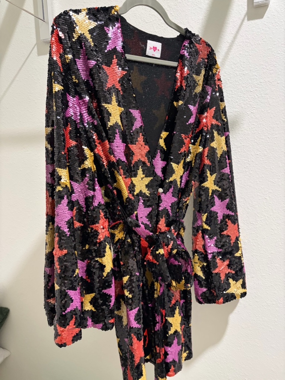Buddy Love Black Sequin Mini Dress with Pink, Yellow & Red Star Print